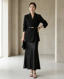 Belted Blazer & Satin Skirt Set
