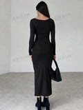 SHEIN Solid Color Pleated Tight-Fitting Dress For Women