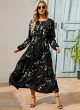 Floral Ruffle Hem Long Dress - Black