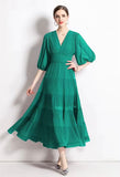 Solid Tiered Long Dress - Green
