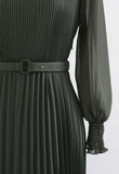 Pierre Solid Pleated Long Dress - Olive Green