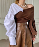 Off-Shoulder Colour Contrast Blouse - Brown