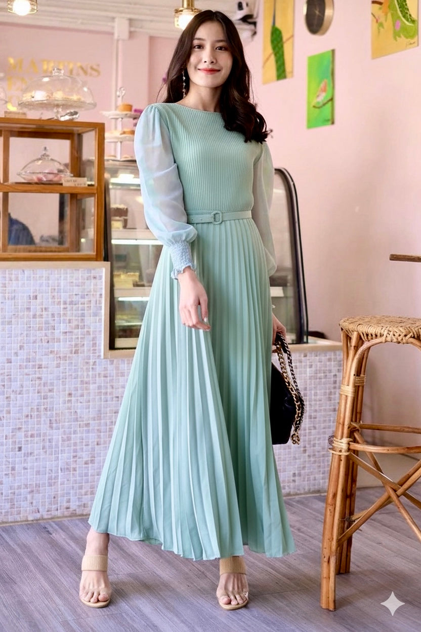Pierre Solid Pleated Long Dress - Mint Green Urban Chic Pierre Solid Pleated Long Dress - Mint Green Urban Chic