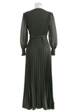 Pierre Solid Pleated Long Dress - Olive Green