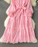 Eyelet Lace Tiered Maxi Dress - Pink