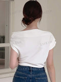 SHEIN DAZY Solid Asymmetrical Neck Batwing Sleeve Tee