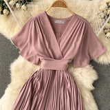 Solid Pleated Wrap Dress - Pink