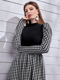 Houndstooth Print Puff Sleeve Long Dress