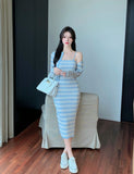 Striped Pattern Cardigan & Cami Dress Set - Blue
