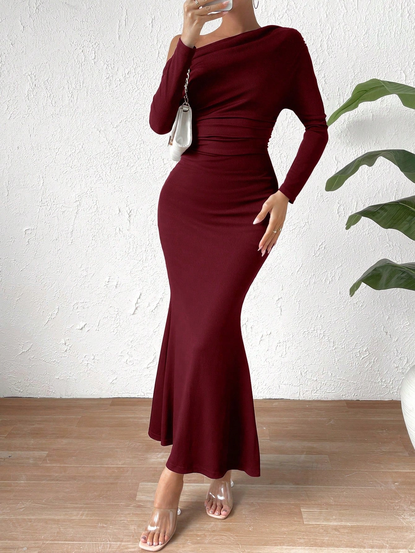 SHEIN Solid Asymmetrical Neck Mermaid Hem Dress Urban Chic
