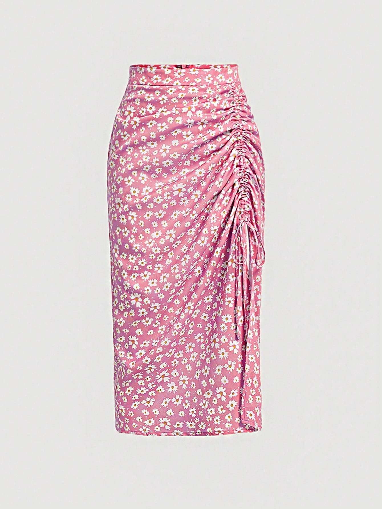 SHEIN MOD Ditsy Floral Print Drawstring Ruched Split Thigh Skirt Pink XS