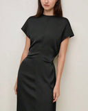 Solid Ruched Waist Satin Dress