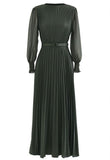 Pierre Solid Pleated Long Dress - Olive Green