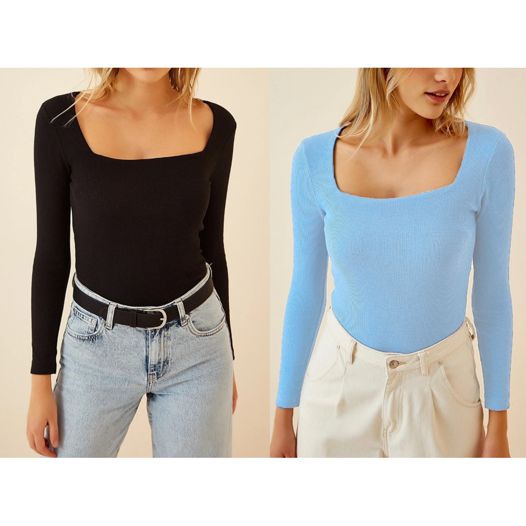 Pack of 2 Rib-Knit Square Neck Tops - Full Sleeves