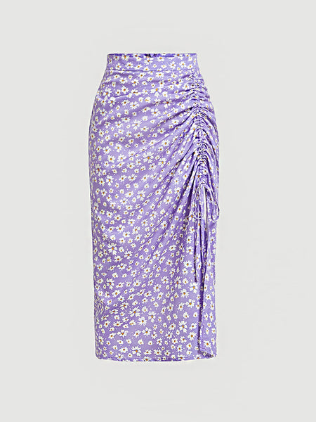SHEIN MOD Ditsy Floral Print Drawstring Ruched Split Thigh Skirt