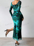 SHEIN Off Shoulder Tie-Dye Print Long Sleeve Dress