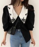 Embroidered Collar Buttoned Blouse