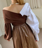 Off-Shoulder Colour Contrast Blouse - Brown