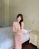 Striped Pattern Cardigan & Cami Dress Set - Coral