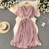 Solid Pleated Wrap Dress - Pink