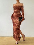 SHEIN Off Shoulder Tie-Dye Print Long Sleeve Dress