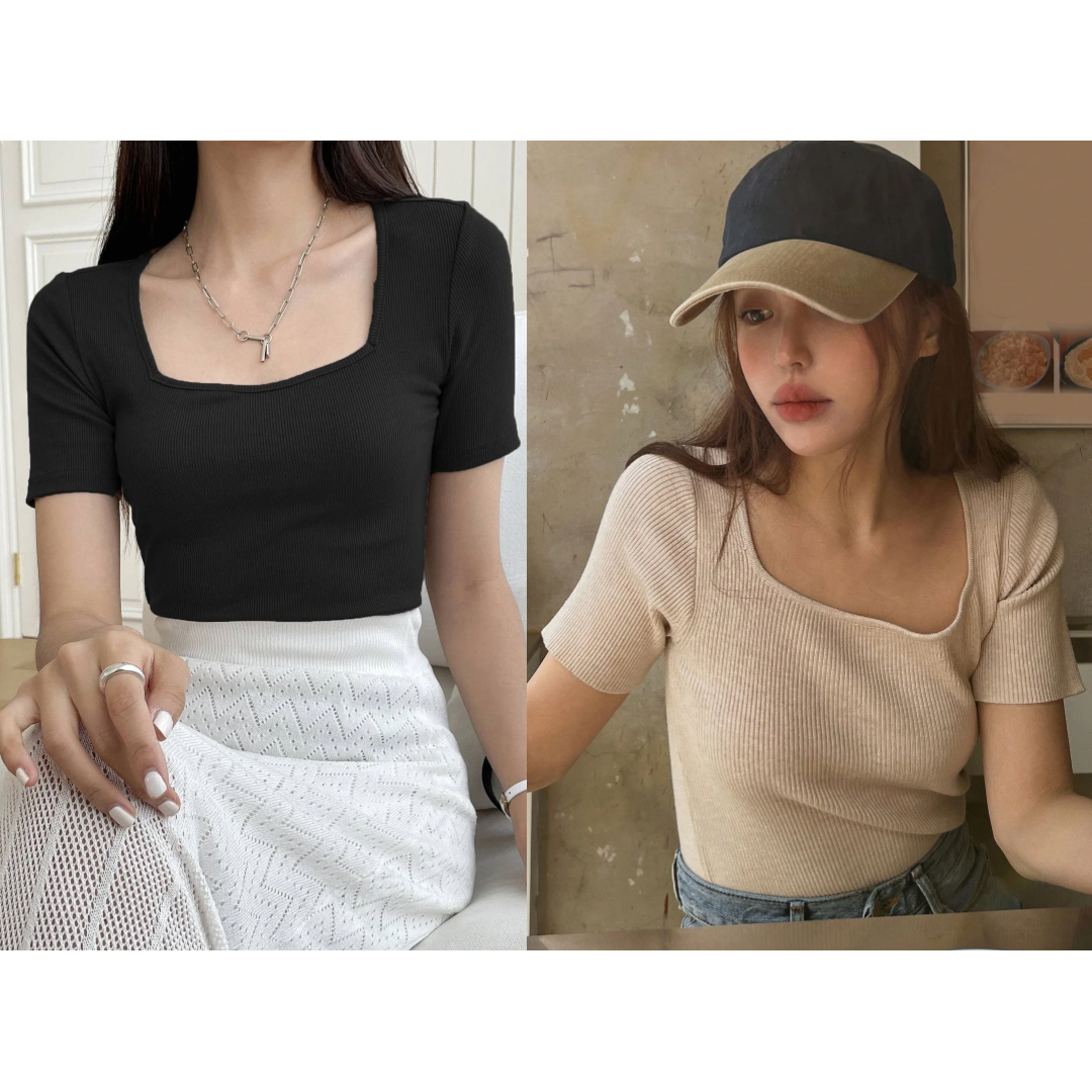 Pack of 2 Rib-Knit Square Neck Tops - Short Sleeves