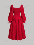 SHEIN MOD Square Neck Flare Sleeve Ruched Bust Dress