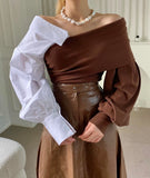 Off-Shoulder Colour Contrast Blouse - Brown