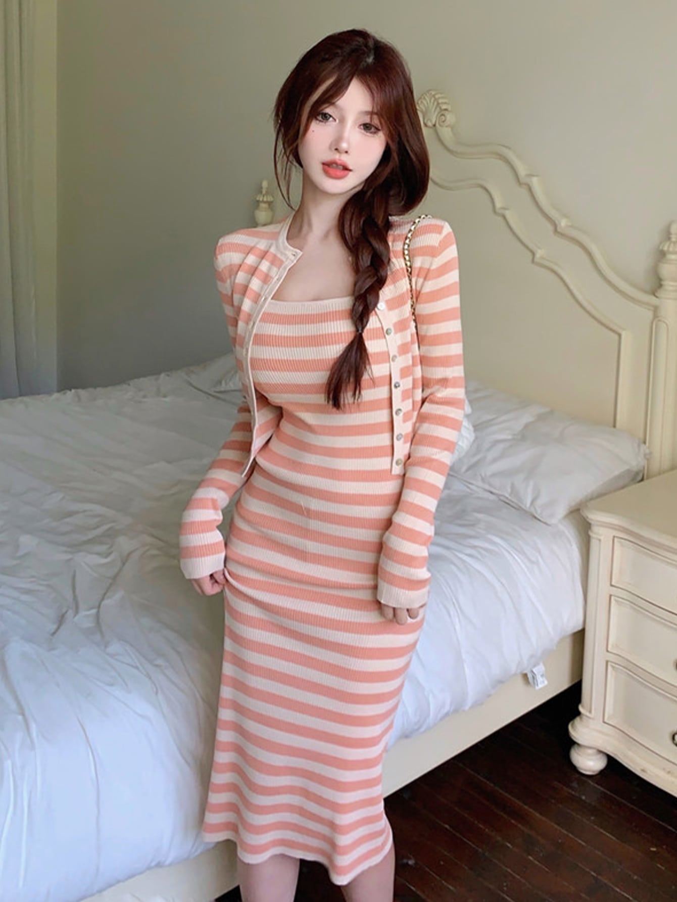 Striped Pattern Cardigan & Cami Dress Set - Coral