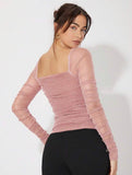 SHEIN Mesh Panel Ruched Glitter Top