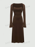 SHEIN MOD Solid Color Flare Sleeve Shrug Top And Cami Dress Set