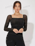 SHEIN Mesh Panel Ruched Glitter Top