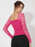 SHEIN Mesh Panel Ruched Glitter Top
