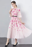 Floral Pleated Dress With Belt - Pink