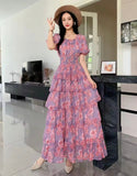 Floral Ruched Waist Layered Dress - Purple