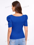 SHEIN Solid Square Neck Puff Sleeve Top