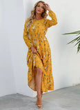 Floral Ruffle Hem Long Dress - Mustard