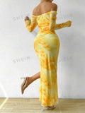SHEIN Off Shoulder Tie-Dye Print Long Sleeve Dress