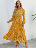 Floral Ruffle Hem Long Dress - Mustard