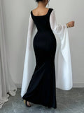 Monochrome Drape Sleeves Long Dress