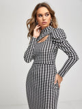 SHEIN Modely Houndstooth Print Cutout Mock Neck Dress
