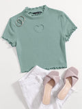 SHEIN Heart Cutout Detail Lettuce Trim Tee