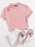 SHEIN Heart Cutout Detail Lettuce Trim Tee