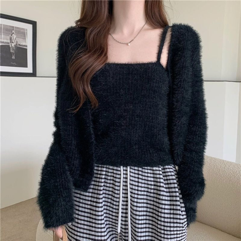 Fuzzy Knit Cardigan & Cami Set - Black