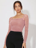 SHEIN Mesh Panel Ruched Glitter Top