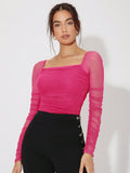 SHEIN Mesh Panel Ruched Glitter Top