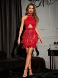 SHEIN Cut Out Fringe Trim Backless Sequin Halter Dress