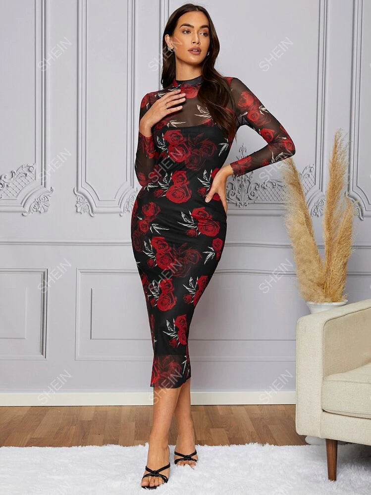 SHEIN Modely Floral Print Mesh Bodycon Dress Urban Chic