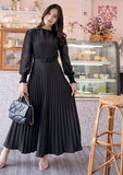 Pierre Solid Pleated Long Dress - Black