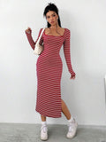 SHEIN Striped Square Neck Bodycon Dress